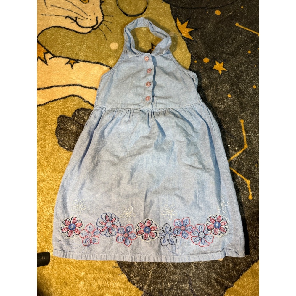 Green Dog‎ Girls 4T Blue Chambray Halter Dress Floral Embroidered Cotton Smocked